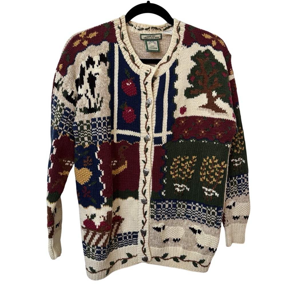 Vintage Lady Footlocker Cardigan Womens S Hand Knit Farm Sheep Cottagecore Apple